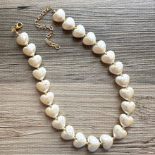 Load image into Gallery viewer, Paper Mache Heart Statement Necklace, Chunky single Strand Jewelry, Valentines Day jewelry, chunky cream bib beaded colorful off white gold