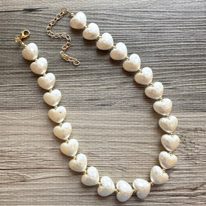 Paper Mache Heart Statement Necklace, Chunky single Strand Jewelry, Valentines Day jewelry, chunky cream bib beaded colorful off white gold