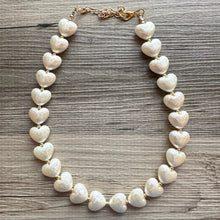 Load image into Gallery viewer, Paper Mache Heart Statement Necklace, Chunky single Strand Jewelry, Valentines Day jewelry, chunky cream bib beaded colorful off white gold