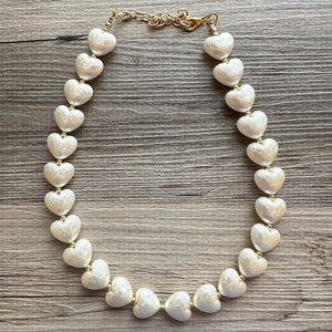 Paper Mache Heart Statement Necklace, Chunky single Strand Jewelry, Valentines Day jewelry, chunky cream bib beaded colorful off white gold