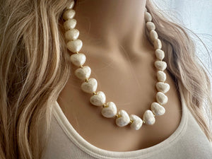Paper Mache Heart Statement Necklace, Chunky single Strand Jewelry, Valentines Day jewelry, chunky cream bib beaded colorful off white gold