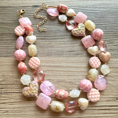 Rustic Heart Necklace, multi strand colorful jewelry, chunky statement necklace, cream red pink Saint Valentines Day February blush baby