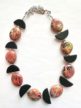 Load image into Gallery viewer, Swirl Coral &amp; Black Chunky Statement Necklace, Pink and black beaded jewelry, single Strand Bib Necklace, Beaded necklace, wood necklace