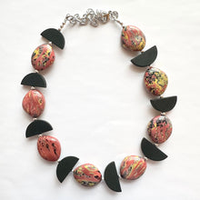 Load image into Gallery viewer, Swirl Coral &amp; Black Chunky Statement Necklace, Pink and black beaded jewelry, single Strand Bib Necklace, Beaded necklace, wood necklace