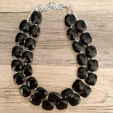 Load image into Gallery viewer, Black chunky statement necklace, bib jewelry black necklace, black jewelry, black beaded necklace, black bubble, double strand black necklac