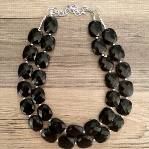 Black chunky statement necklace, bib jewelry black necklace, black jewelry, black beaded necklace, black bubble, double strand black necklac