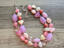 Load image into Gallery viewer, Golden Pink Hour Statement Necklace, chunky bib beaded jewelry, colorful jewelry, hot pink white cream flower, beaded jewelry rose