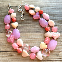 Load image into Gallery viewer, Golden Pink Hour Statement Necklace, chunky bib beaded jewelry, colorful jewelry, hot pink white cream flower, beaded jewelry rose