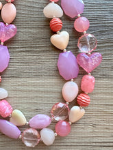 Load image into Gallery viewer, Golden Pink Hour Statement Necklace, chunky bib beaded jewelry, colorful jewelry, hot pink white cream flower, beaded jewelry rose