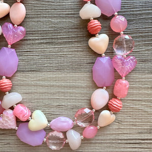 Golden Pink Hour Statement Necklace, chunky bib beaded jewelry, colorful jewelry, hot pink white cream flower, beaded jewelry rose