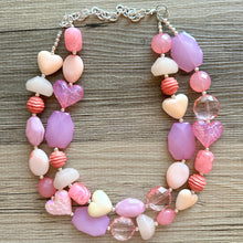 Load image into Gallery viewer, Golden Pink Hour Statement Necklace, chunky bib beaded jewelry, colorful jewelry, hot pink white cream flower, beaded jewelry rose