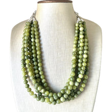 Load image into Gallery viewer, Genuine Green Peridot Statement Necklace, Chunky 5 Strand Jewelry, silver necklace, thick collar beaded bib glass metal olive gemstone