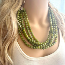 Load image into Gallery viewer, Genuine Green Peridot Statement Necklace, Chunky 5 Strand Jewelry, silver necklace, thick collar beaded bib glass metal olive gemstone