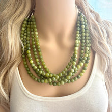 Load image into Gallery viewer, Genuine Green Peridot Statement Necklace, Chunky 5 Strand Jewelry, silver necklace, thick collar beaded bib glass metal olive gemstone