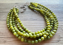 Load image into Gallery viewer, Genuine Green Peridot Statement Necklace, Chunky 5 Strand Jewelry, silver necklace, thick collar beaded bib glass metal olive gemstone