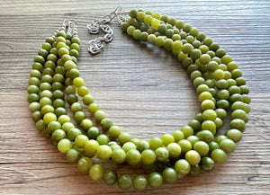 Genuine Green Peridot Statement Necklace, Chunky 5 Strand Jewelry, silver necklace, thick collar beaded bib glass metal olive gemstone