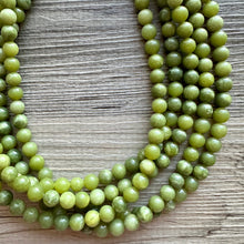 Load image into Gallery viewer, Genuine Green Peridot Statement Necklace, Chunky 5 Strand Jewelry, silver necklace, thick collar beaded bib glass metal olive gemstone