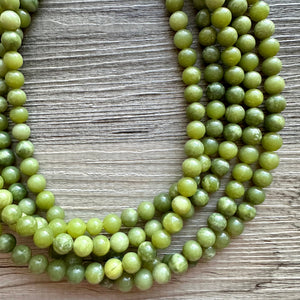 Genuine Green Peridot Statement Necklace, Chunky 5 Strand Jewelry, silver necklace, thick collar beaded bib glass metal olive gemstone