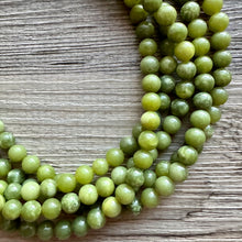 Load image into Gallery viewer, Genuine Green Peridot Statement Necklace, Chunky 5 Strand Jewelry, silver necklace, thick collar beaded bib glass metal olive gemstone