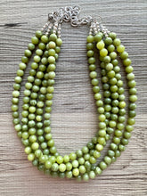 Load image into Gallery viewer, Genuine Green Peridot Statement Necklace, Chunky 5 Strand Jewelry, silver necklace, thick collar beaded bib glass metal olive gemstone