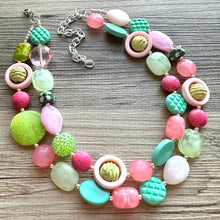 Load image into Gallery viewer, Spring Pastel Chunky Statement Necklace, multi Strand Beaded Jewelry, green pink jewelry, spring necklace Easter statement mint hot pink
