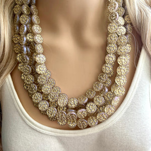 Gold Etched Purple Hologram Statement 5 Strand statement necklace, pretty big beaded chunky jewelry, golden shiny metallic jewelry necklace