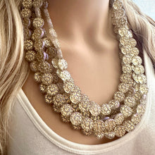 Load image into Gallery viewer, Gold Etched Purple Hologram Statement 5 Strand statement necklace, pretty big beaded chunky jewelry, golden shiny metallic jewelry necklace