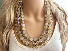 Load image into Gallery viewer, Gold Etched Purple Hologram Statement 5 Strand statement necklace, pretty big beaded chunky jewelry, golden shiny metallic jewelry necklace
