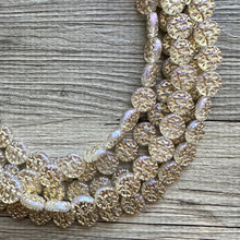 Load image into Gallery viewer, Gold Etched Purple Hologram Statement 5 Strand statement necklace, pretty big beaded chunky jewelry, golden shiny metallic jewelry necklace