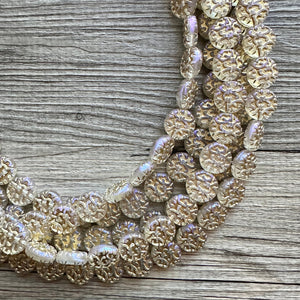 Gold Etched Purple Hologram Statement 5 Strand statement necklace, pretty big beaded chunky jewelry, golden shiny metallic jewelry necklace