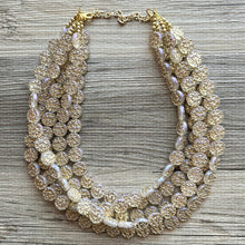 Load image into Gallery viewer, Gold Etched Purple Hologram Statement 5 Strand statement necklace, pretty big beaded chunky jewelry, golden shiny metallic jewelry necklace