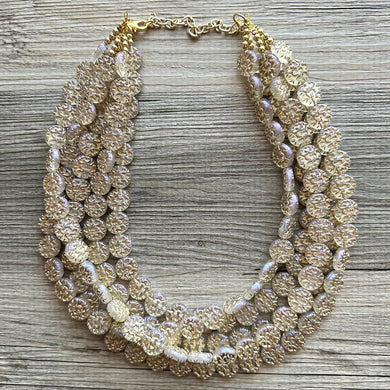 Gold Etched Purple Hologram Statement 5 Strand statement necklace, pretty big beaded chunky jewelry, golden shiny metallic jewelry necklace