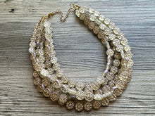 Load image into Gallery viewer, Gold Etched Purple Hologram Statement 5 Strand statement necklace, pretty big beaded chunky jewelry, golden shiny metallic jewelry necklace