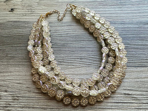 Gold Etched Purple Hologram Statement 5 Strand statement necklace, pretty big beaded chunky jewelry, golden shiny metallic jewelry necklace