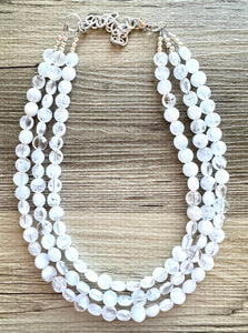 White Creamy Necklace, resin 3 Strand Statement Jewelry, clear Chunky bib, bridesmaid necklace, beaded cloud wedding bridal bridesmaid