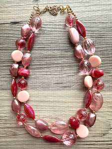 Pink Love Necklace, multi strand colorful jewelry, chunky statement necklace, cream red pink Saint Valentines Day February blush baby