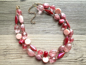 Pink Love Necklace, multi strand colorful jewelry, chunky statement necklace, cream red pink Saint Valentines Day February blush baby