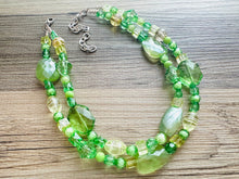 Load image into Gallery viewer, Lime &amp; Forest Green Chunky Statement Necklace, green beaded necklace, bubble jewelry, multi color jewelry multi strand necklace, bib chunky
