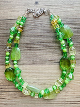 Load image into Gallery viewer, Lime &amp; Forest Green Chunky Statement Necklace, green beaded necklace, bubble jewelry, multi color jewelry multi strand necklace, bib chunky