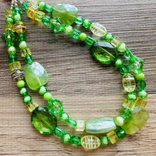 Load image into Gallery viewer, Lime &amp; Forest Green Chunky Statement Necklace, green beaded necklace, bubble jewelry, multi color jewelry multi strand necklace, bib chunky