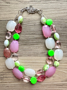 Watermelon Salt Necklace, Pink & Green Chunky Statement Necklace, green pink beaded necklace jewelry, multi color strand bib chunky