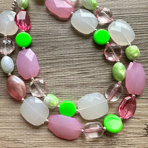 Watermelon Salt Necklace, Pink & Green Chunky Statement Necklace, green pink beaded necklace jewelry, multi color strand bib chunky