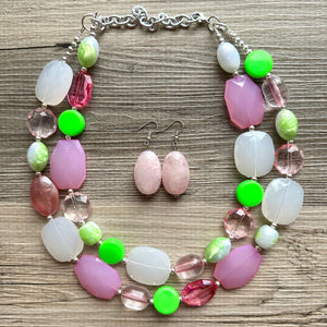 Watermelon Salt Necklace, Pink & Green Chunky Statement Necklace, green pink beaded necklace jewelry, multi color strand bib chunky