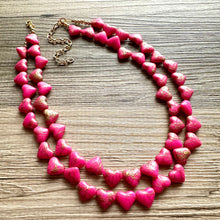 Load image into Gallery viewer, Golden Heart Flutter Necklace, multi strand colorful jewelry, chunky statement necklace, gold red pink Saint Valentines Day February