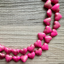 Load image into Gallery viewer, Golden Heart Flutter Necklace, multi strand colorful jewelry, chunky statement necklace, gold red pink Saint Valentines Day February