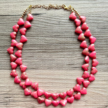 Load image into Gallery viewer, Golden Heart Flutter Necklace, multi strand colorful jewelry, chunky statement necklace, gold red pink Saint Valentines Day February
