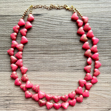Golden Heart Flutter Necklace, multi strand colorful jewelry, chunky statement necklace, gold red pink Saint Valentines Day February