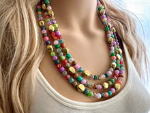 Load image into Gallery viewer, Golden Rainbow Tie Dye Beaded Necklace, Colorful Jewelry, Chunky statement necklace, big beaded rainbow jewelry baby