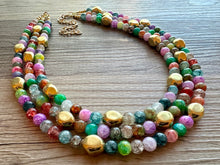 Load image into Gallery viewer, Golden Rainbow Tie Dye Beaded Necklace, Colorful Jewelry, Chunky statement necklace, big beaded rainbow jewelry baby