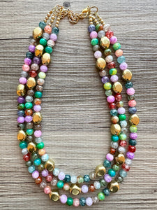 Golden Rainbow Tie Dye Beaded Necklace, Colorful Jewelry, Chunky statement necklace, big beaded rainbow jewelry baby